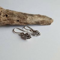 Silver pinecone drop earrings on handmade recycled 925 sterling silver ear wires by The Tiny Tree Frog Jewellery