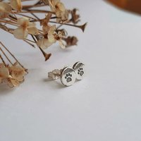 Cute, recycled 925 sterling silver paw print handstamped earrings, hand forged by The Tiny Tree Frog Jewellery
