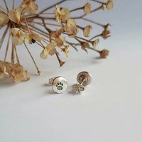 Tiny reclaimed sterling silver pawprint stud earrings, handcrafted by The Tiny Tree Frog Jewellery