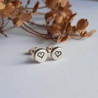925 sterling silver handstamped love heart stud earrings, artisan made by The Tiny Tree Frog Jewellery