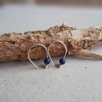 Minimal sterling silver and lapis lazuli gemstone oval open hoop threader earrings, hand forged by The Tiny Tree Frog Jewellery