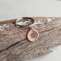 Hand stamped copper Cancer zodiac horoscope sign key chain - 7th anniversary gift, hand crafted by The Tiny Tree Frog Jewellery