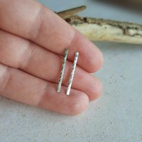 Hammer textured sterling silver long stick stud earrings, hand made by The Tiny Tree Frog Jewellery