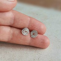 Hammer textured recycled 925 sterling silver spiral stud earrings, hand made by The Tiny Tree Frog Jewellery