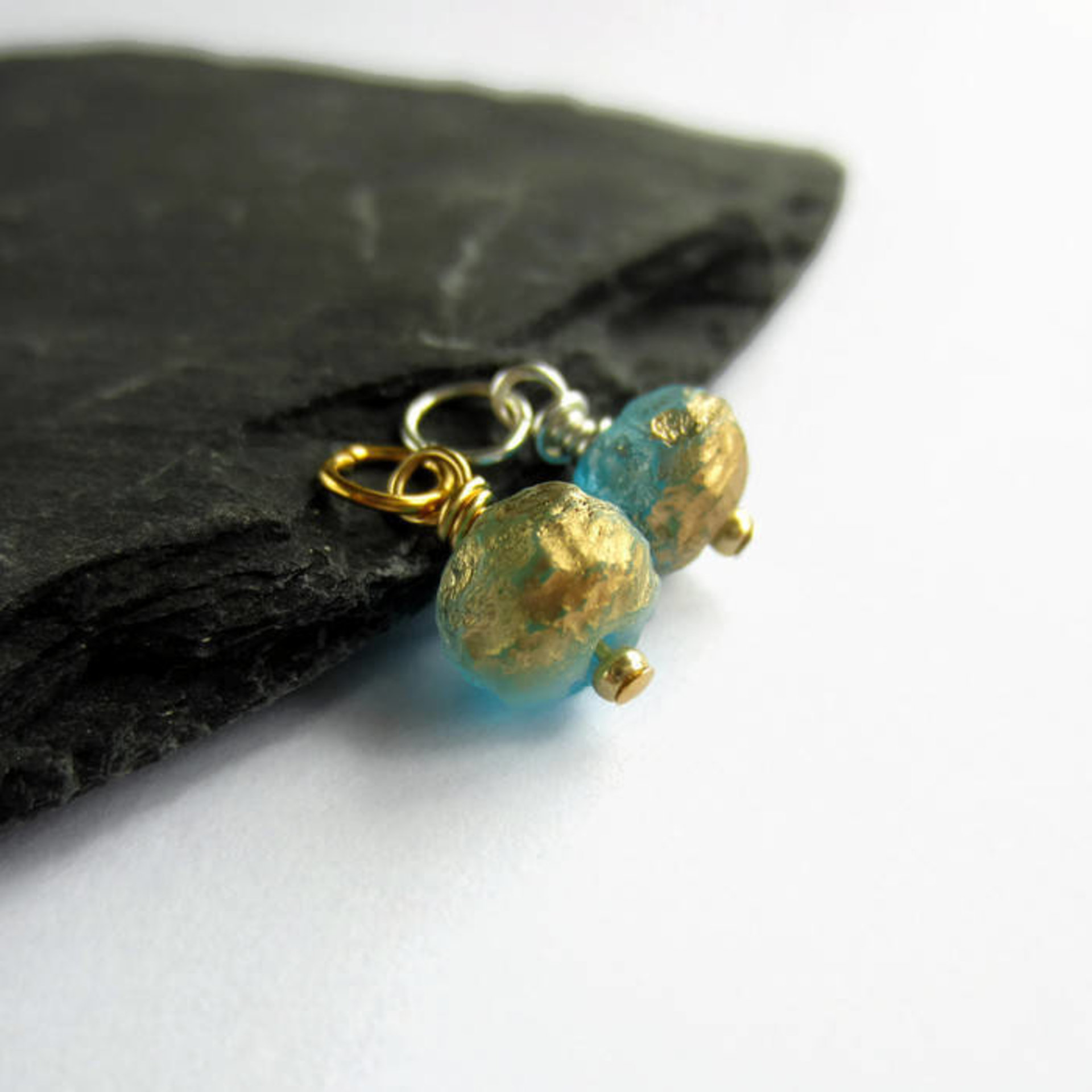 Aqua Blue and Gold Czech Glass Rondelle Charm ~ Handmade by The Tiny Tree Frog Jewellery