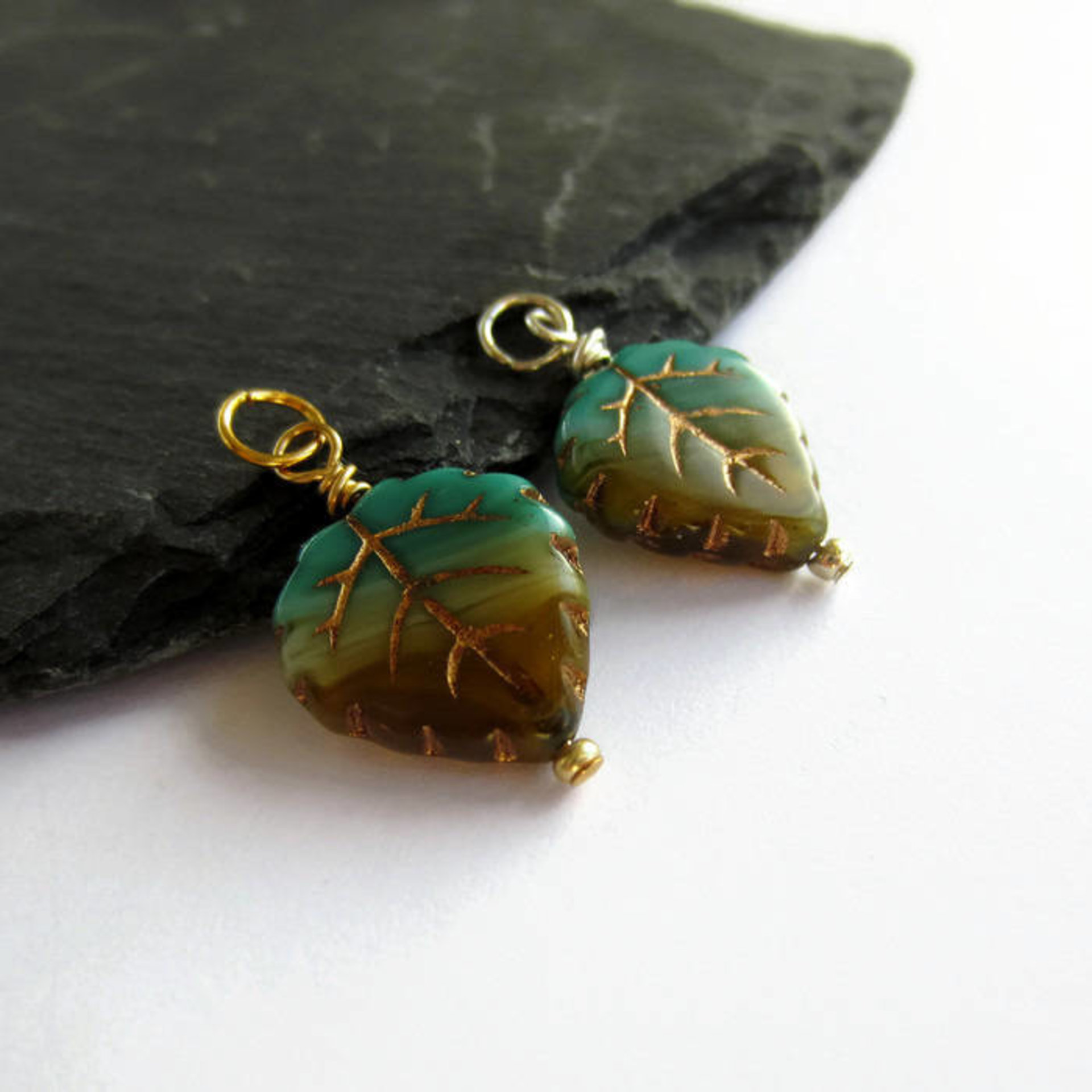 Blue and Green Czech Glass Leaf Charm ~ Handmade by The Tiny Tree Frog Jewellery