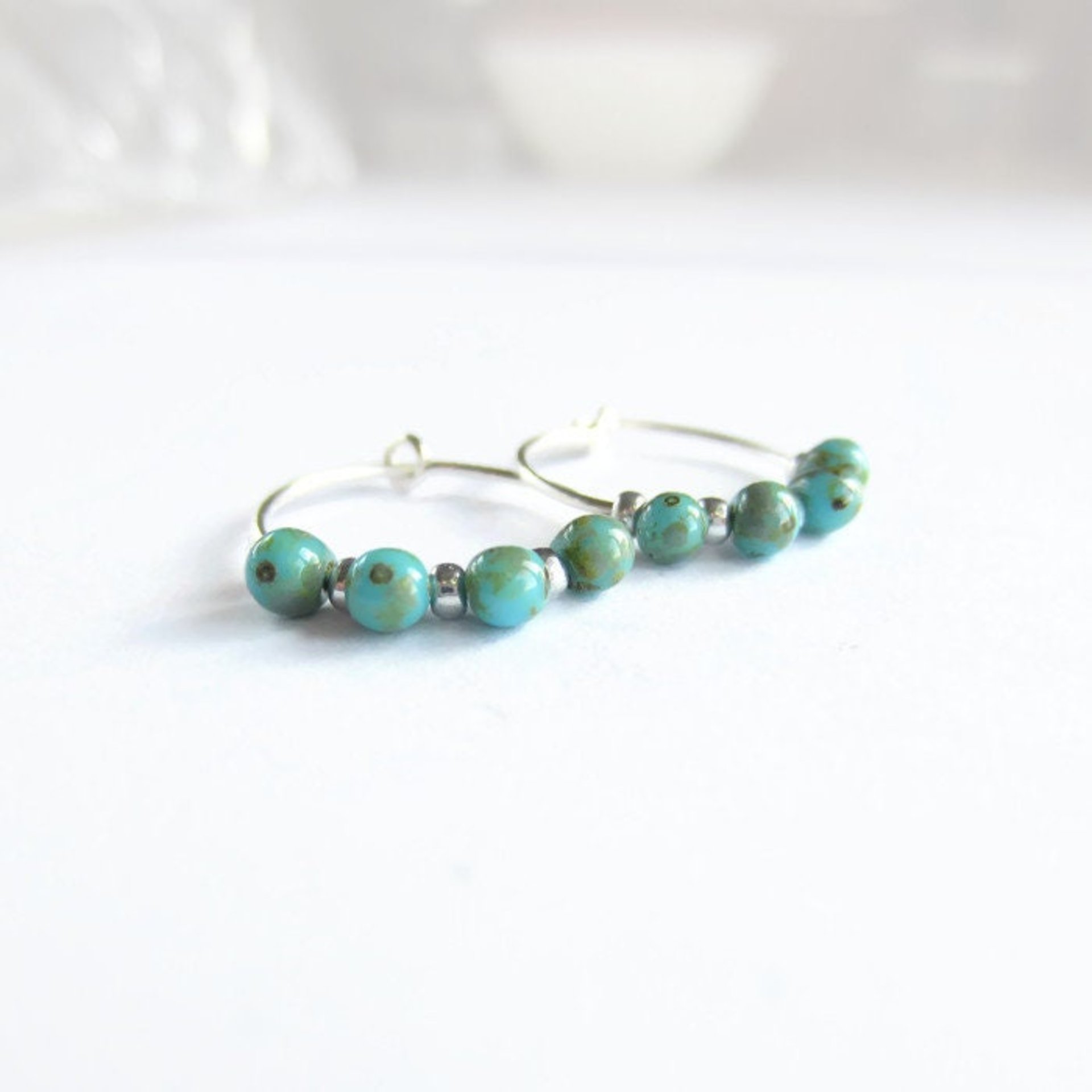 Turquoise Blue Czech Glass Beaded Silver Hoop Earrings ~ 925 Sterling Silver ~ Handmade by The Tiny Tree Frog Jewellery