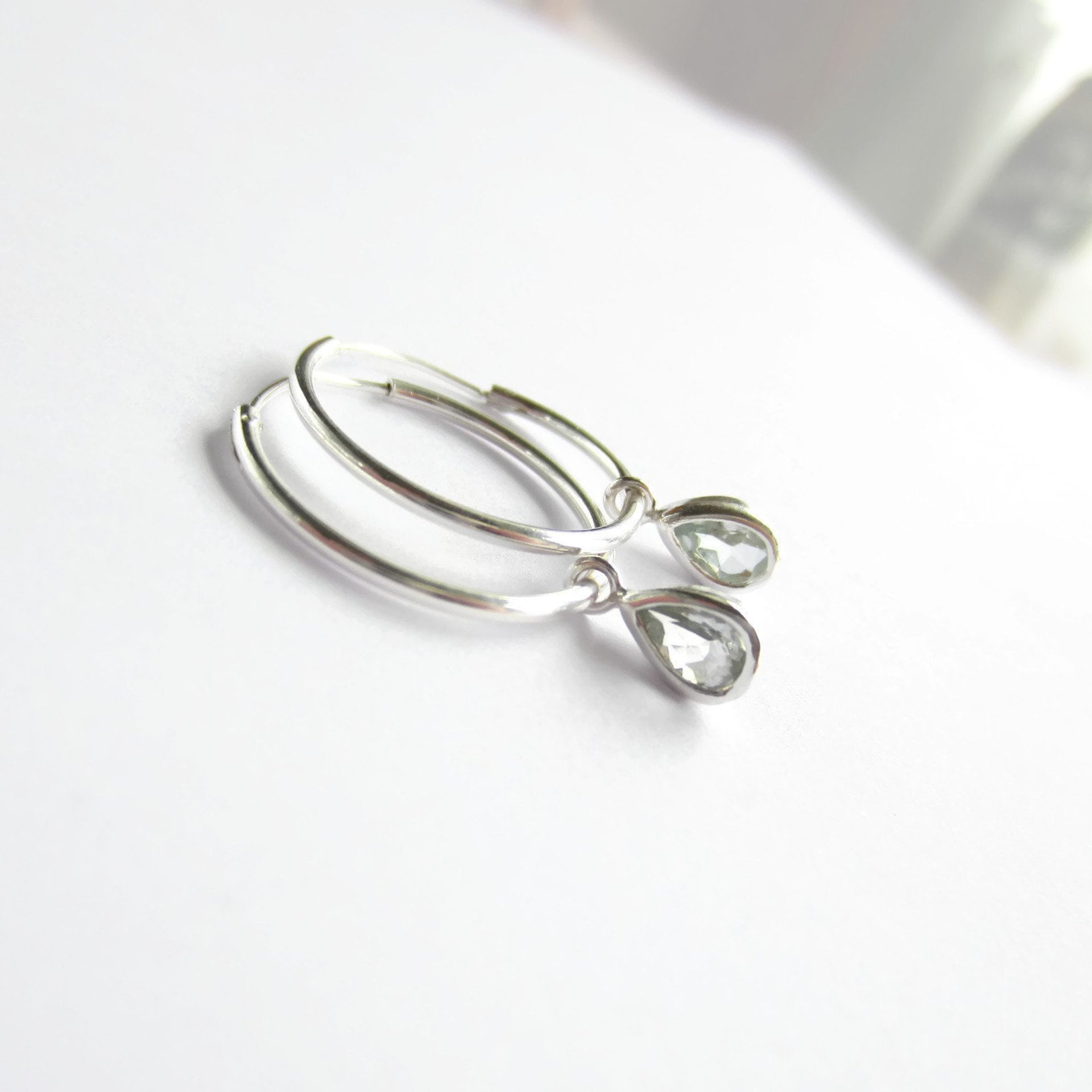 Sterling Silver Aquamarine Gemstone Teardrop Hoop Earrings ~ March Birthstone ~ Handmade by The Tiny Tree Frog Jewellery