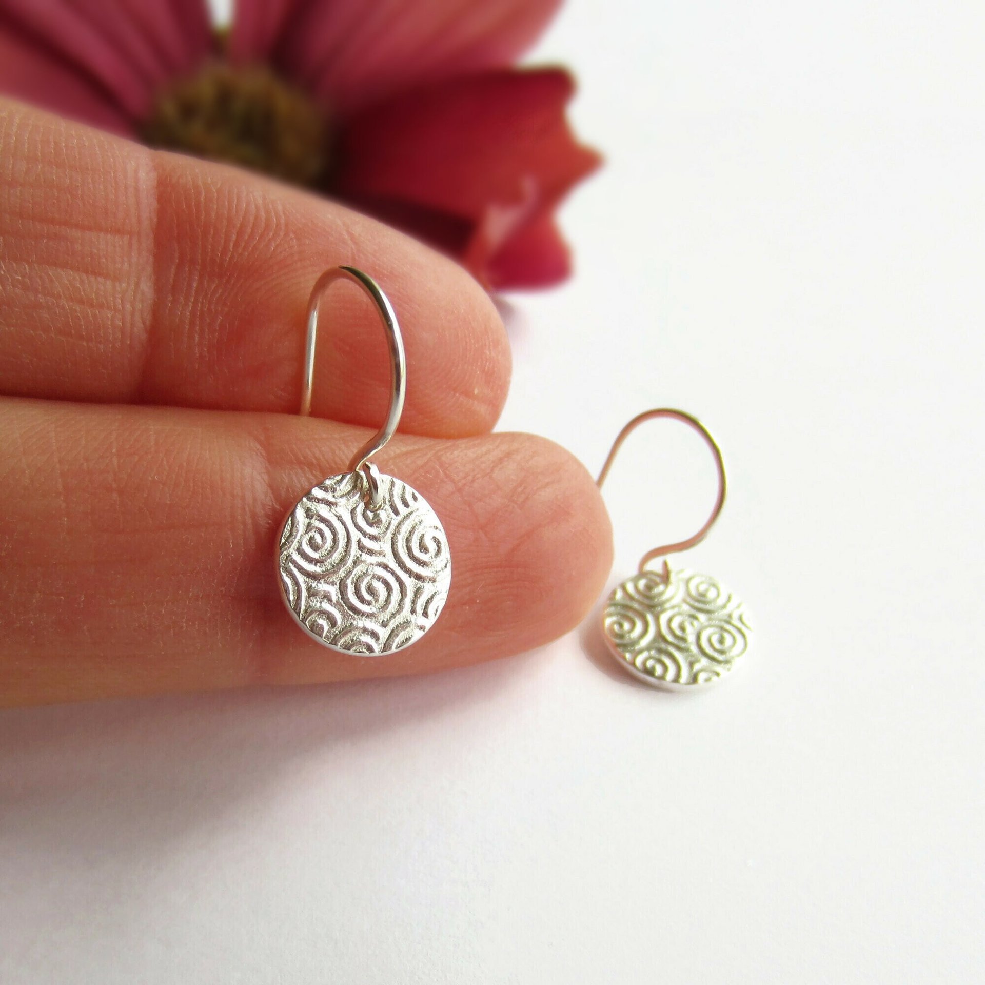 Spiral Patterned Disc Drop Earrings ~ Fine Silver and Sterling Silver ~ Handmade by The Tiny Tree Frog Jewellery