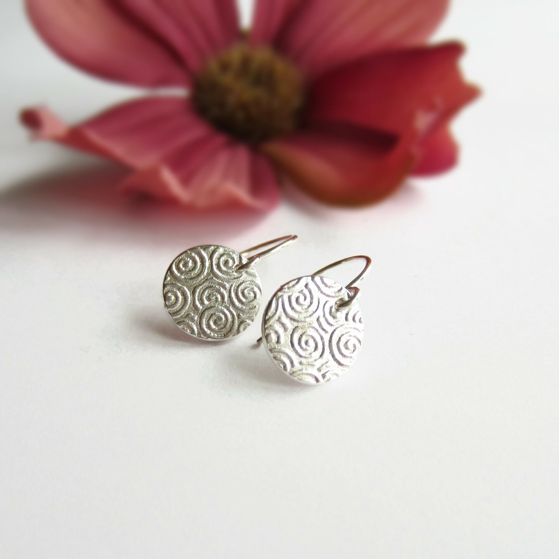 Spiral Patterned Disc Drop Earrings ~ Fine Silver and Sterling Silver ~ Handmade by The Tiny Tree Frog Jewellery