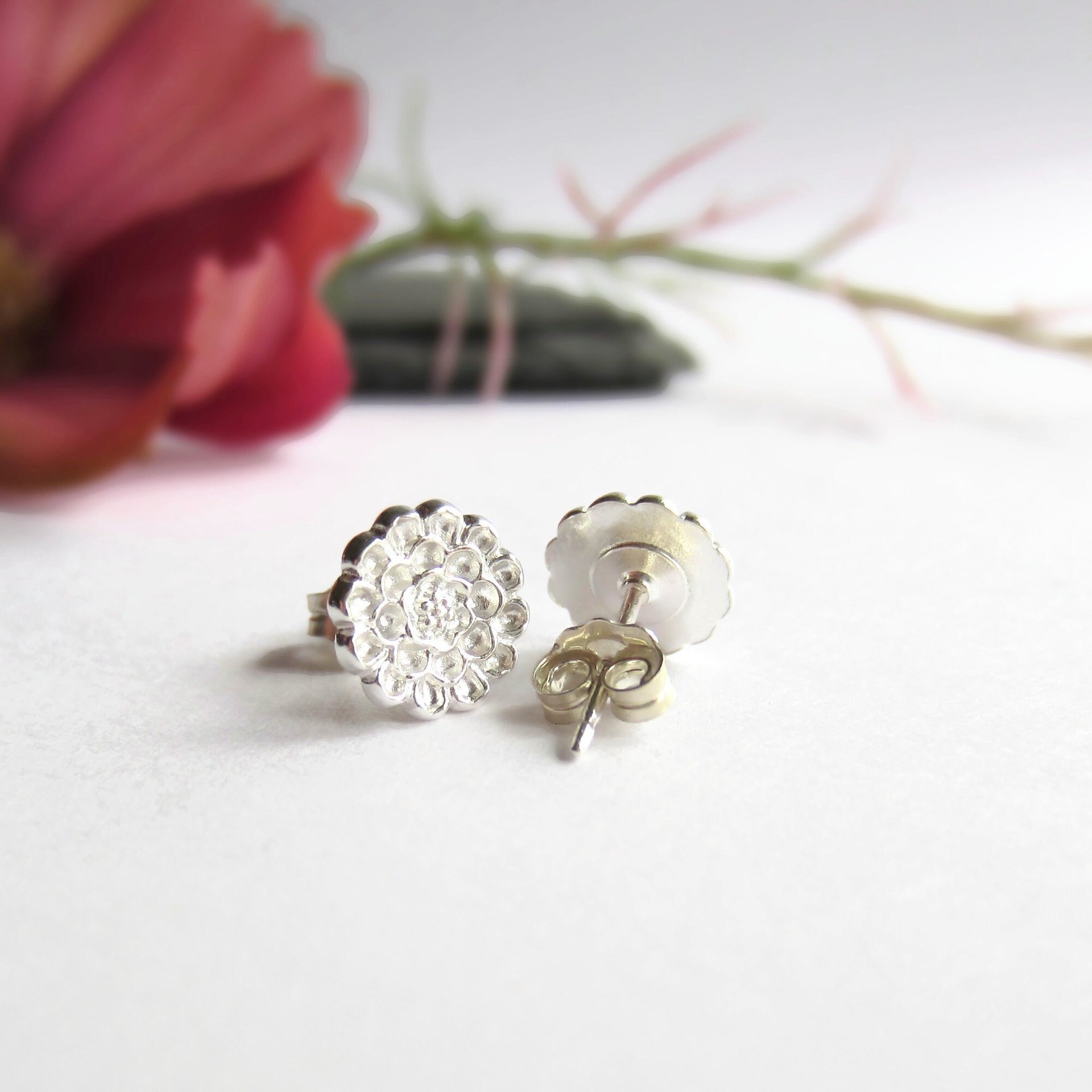 Fine Silver and Sterling Silver Dahlia Flower Stud Earrings ~ Handmade by The Tiny Tree Frog Jewellery