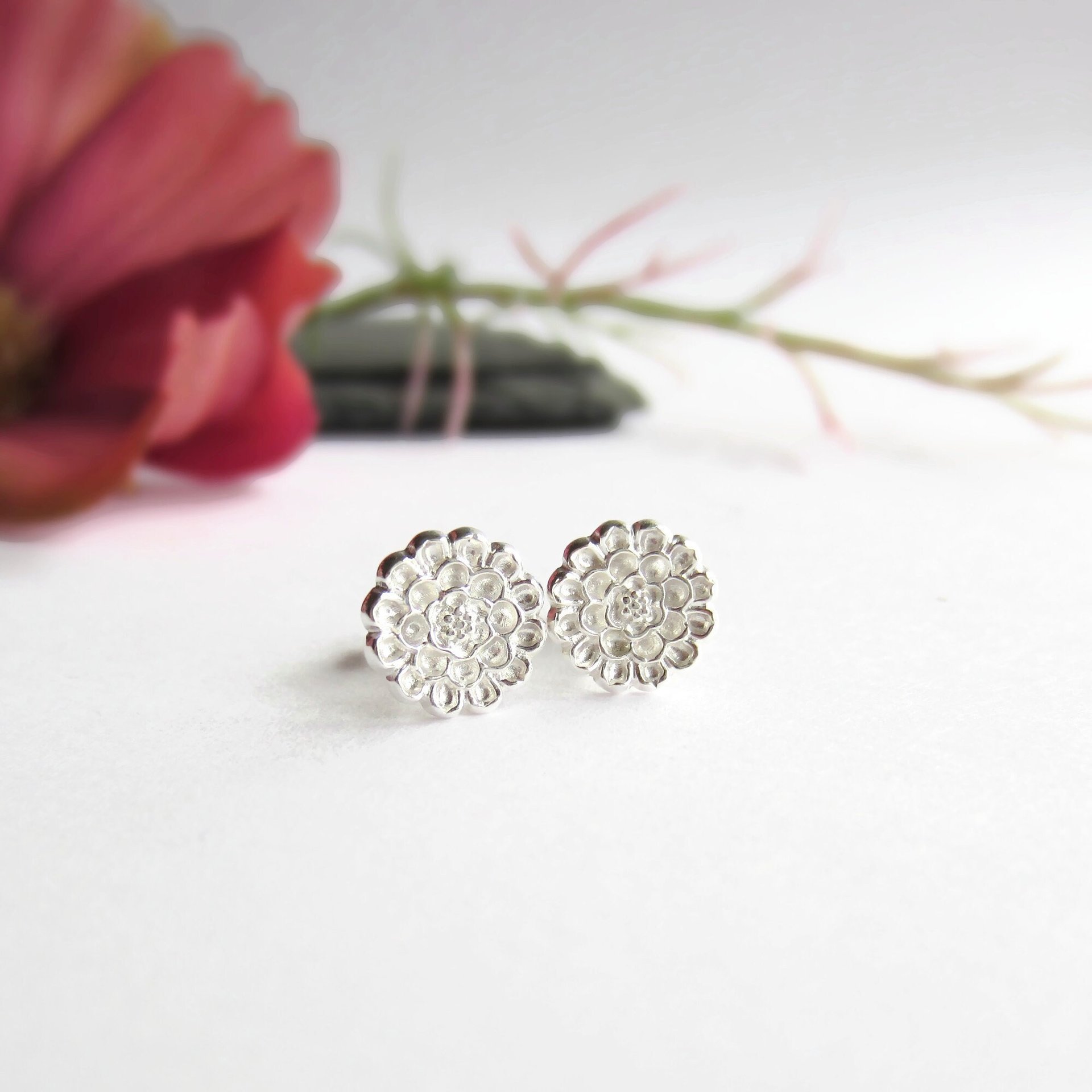Fine Silver and Sterling Silver Dahlia Flower Stud Earrings ~ Handmade by The Tiny Tree Frog Jewellery