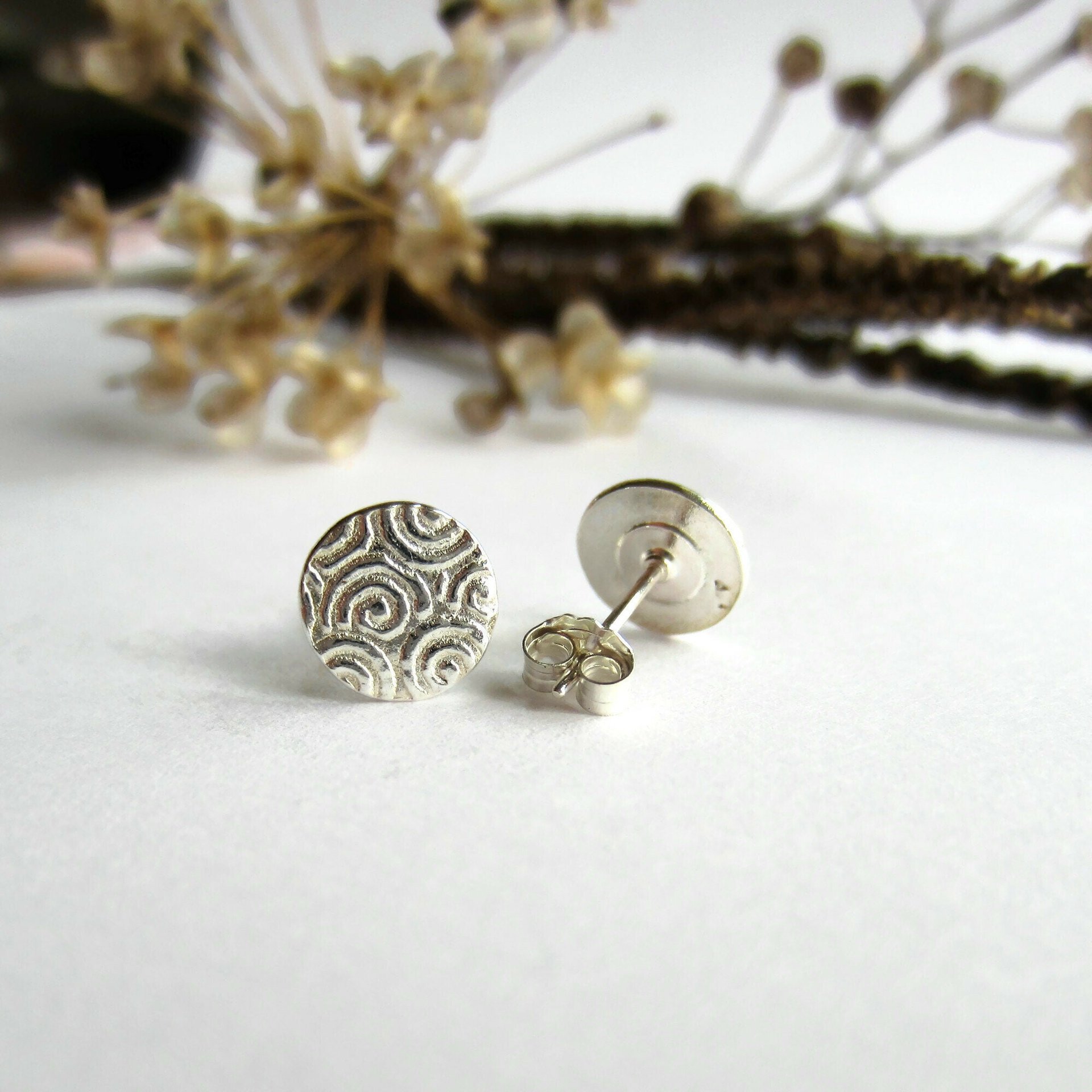 Fine Silver and Sterling Silver Spiral Pattern Textured Stud Earrings ~ Handmade by The Tiny Tree Frog Jewellery