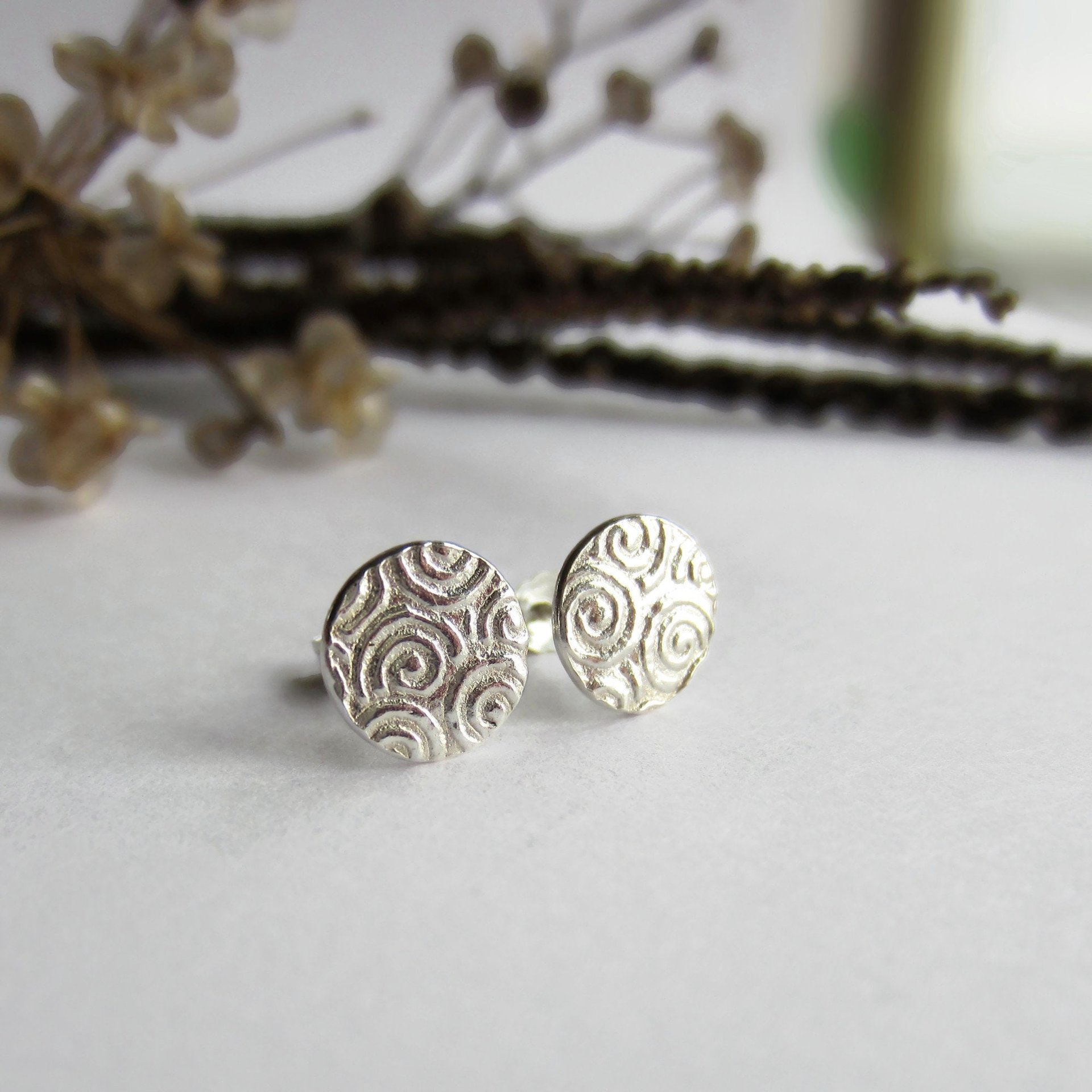 Fine Silver and Sterling Silver Spiral Pattern Textured Stud Earrings ~ Handmade by The Tiny Tree Frog Jewellery