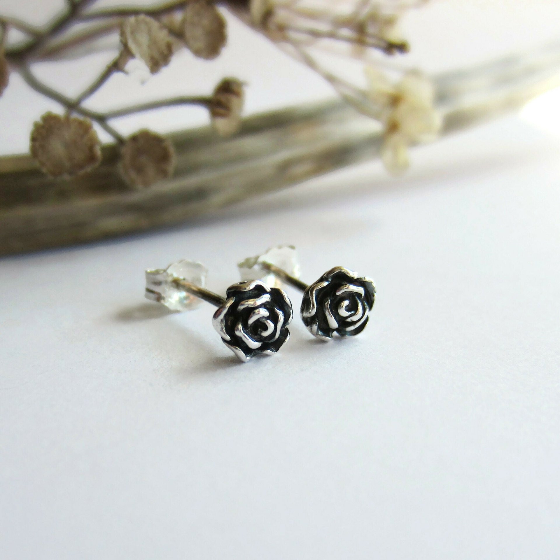 Oxidised Tiny Fine Silver Rose Stud Earrings ~ June Birth Flower ~ Handmade by The Tiny Tree Frog Jewellery