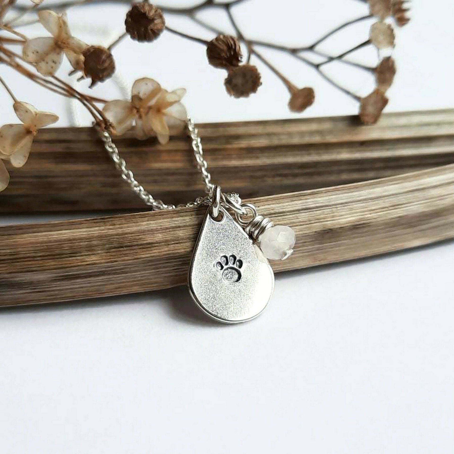 Silver Paw Print Teardrop Necklace with Rose Quartz Charm ~ Handmade by The Tiny Tree Frog Jewellery