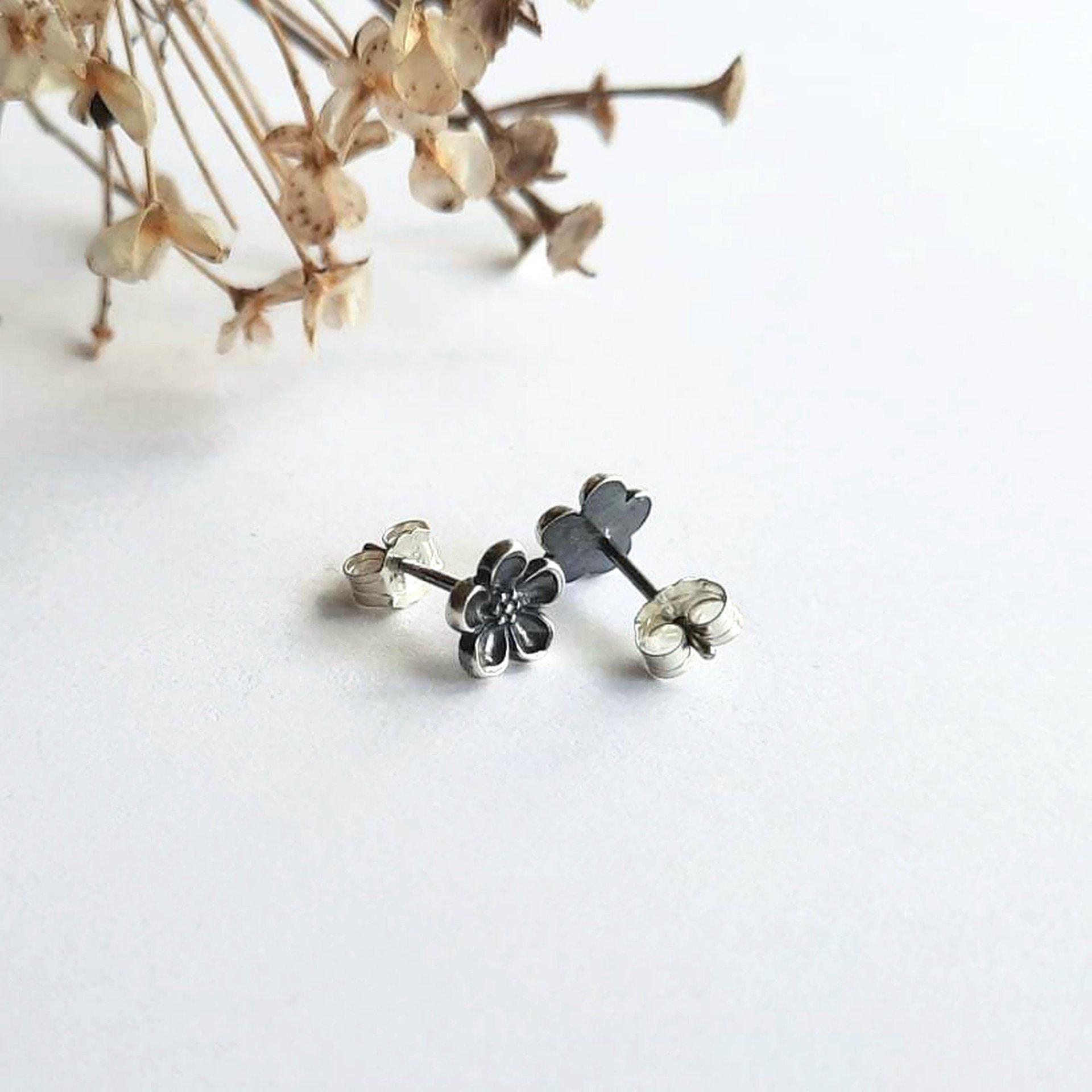 Oxidised Fine Silver Forget Me Not Stud Earrings ~ Handmade by The Tiny Tree Frog Jewellery