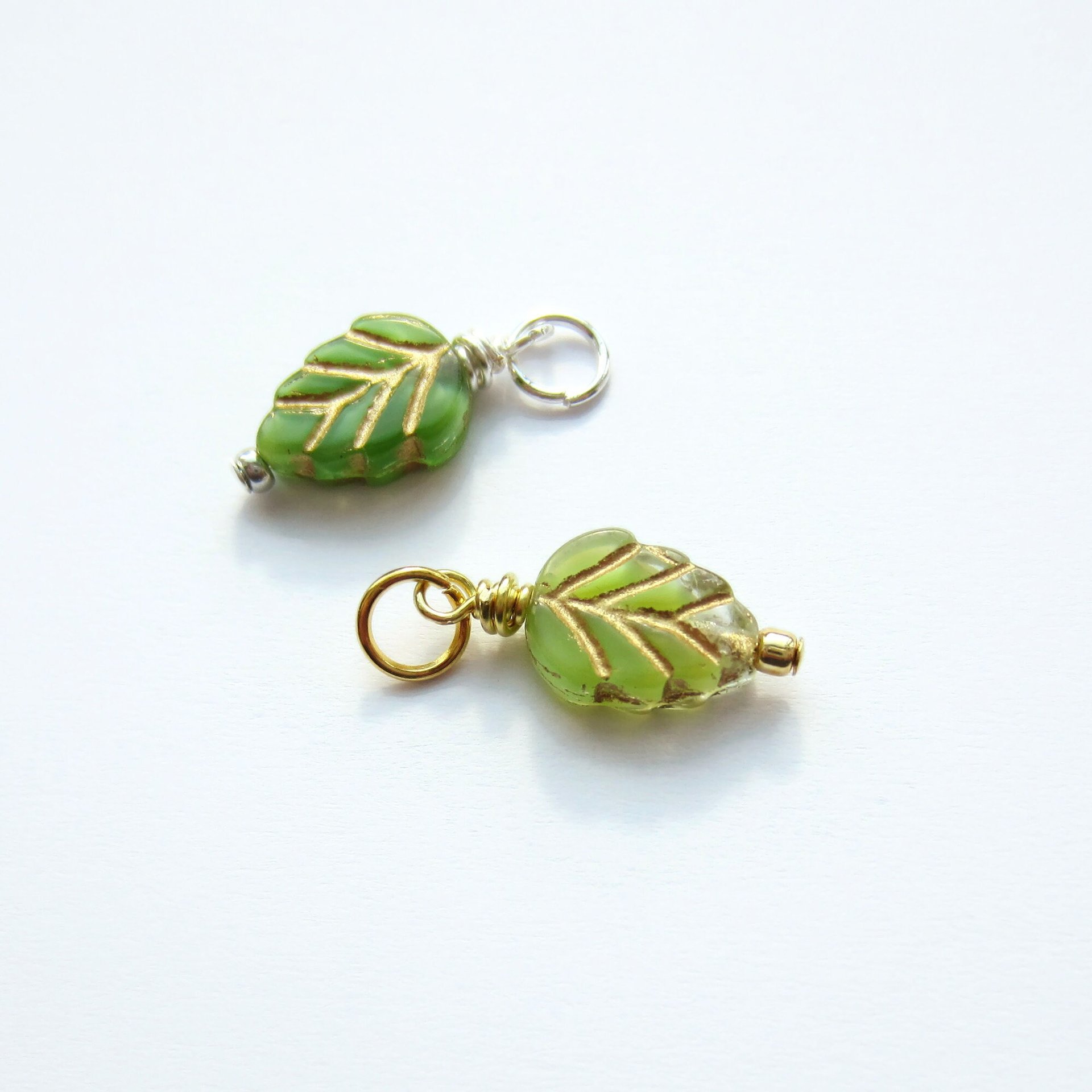Green and Gold Czech Glass Leaf Charm ~ Handmade by The Tiny Tree Frog Jewellery