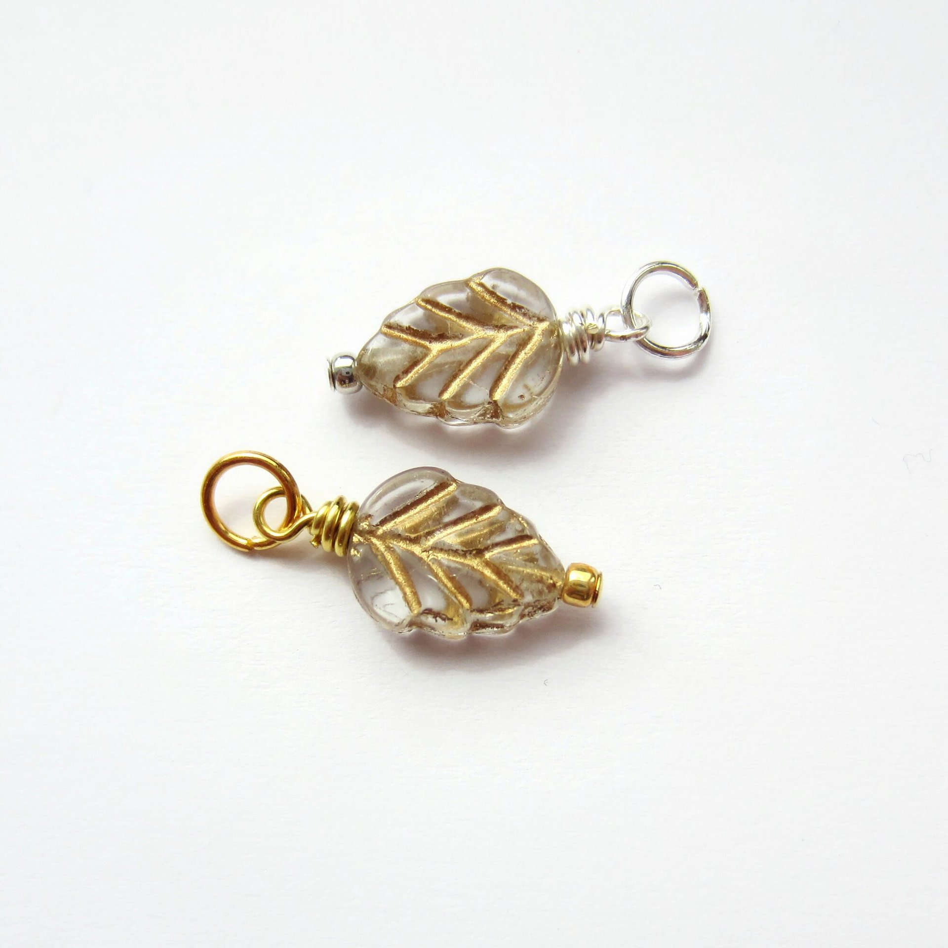 Clear and Gold Czech Glass Leaf Charm ~ Handmade by The Tiny Tree Frog Jewellery