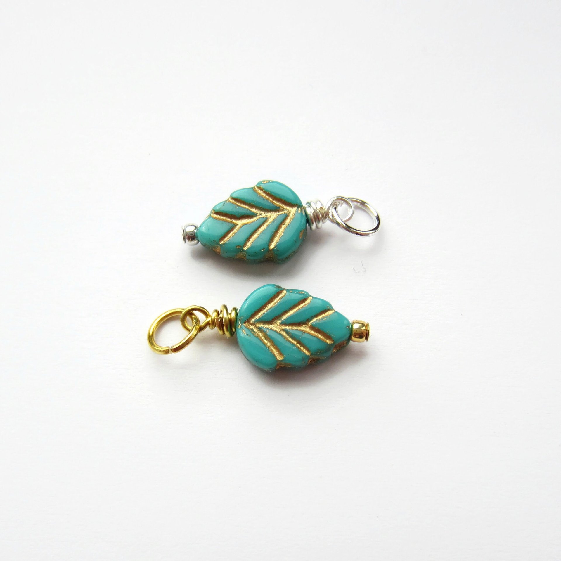 Turquoise Blue and Gold Czech Glass Leaf Charm ~ Handmade by The Tiny Tree Frog Jewellery