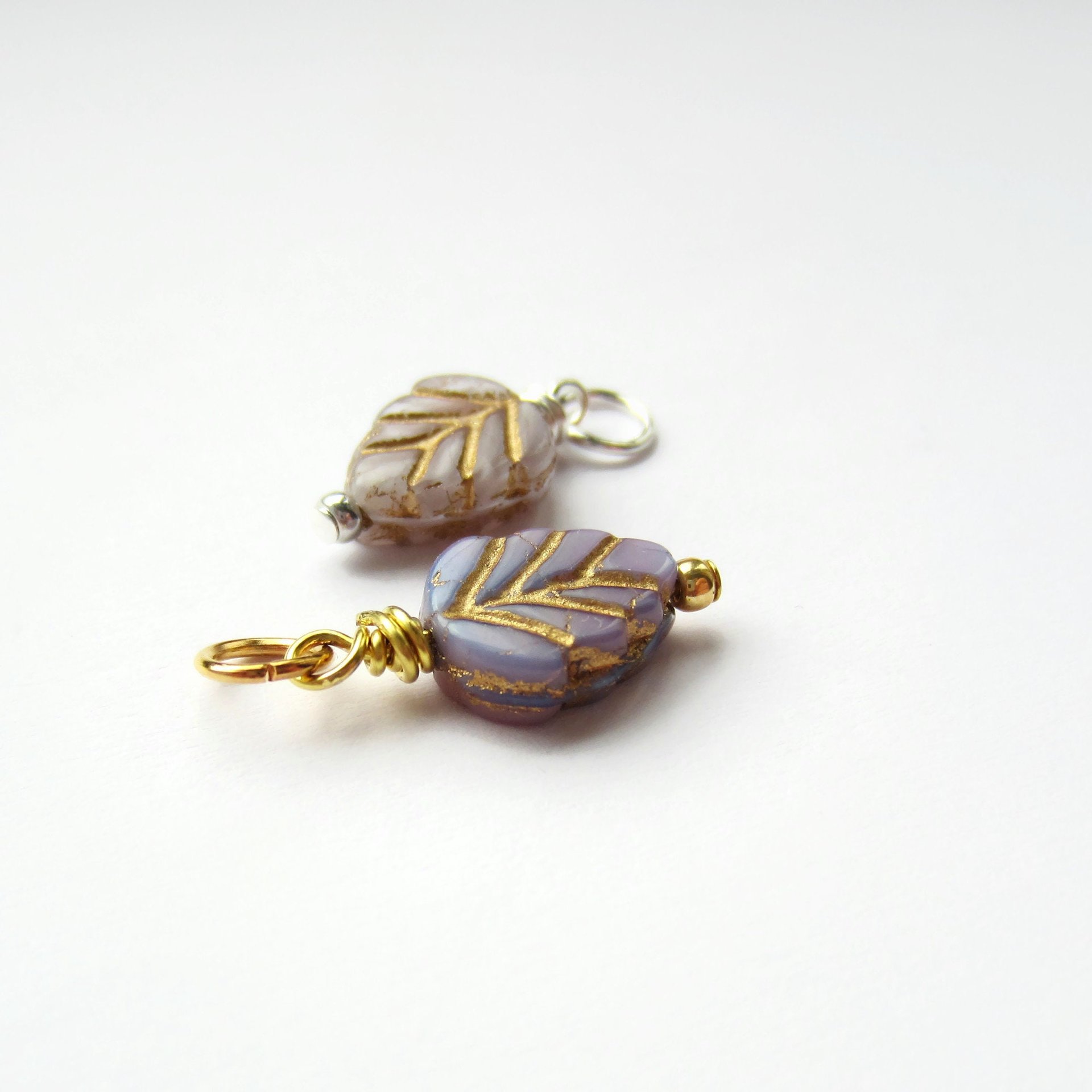 Purple and Gold Czech Glass Leaf Charm  ~ Handmade by The Tiny Tree Frog Jewellery