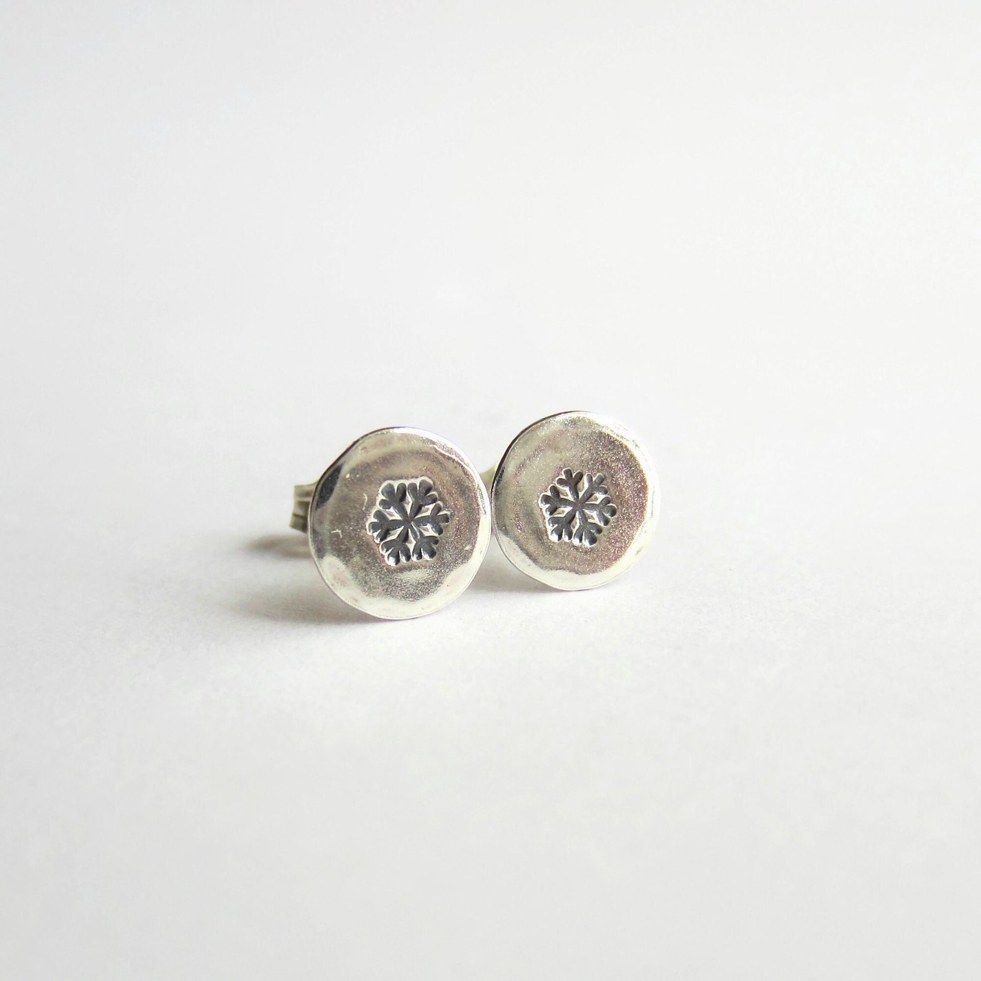 Hand Stamped Sterling Silver Snowflake Stud Earrings ~ Handmade by The Tiny Tree Frog Jewellery