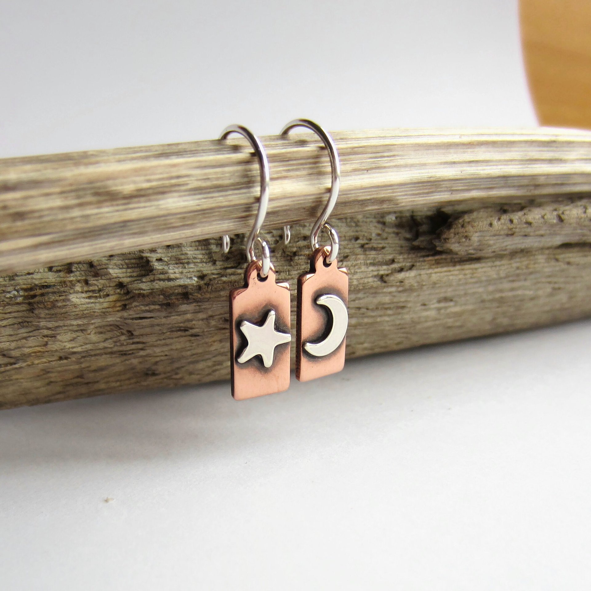 Crescent Moon and Star Copper and Sterling Silver Mismatched Drop Earrings