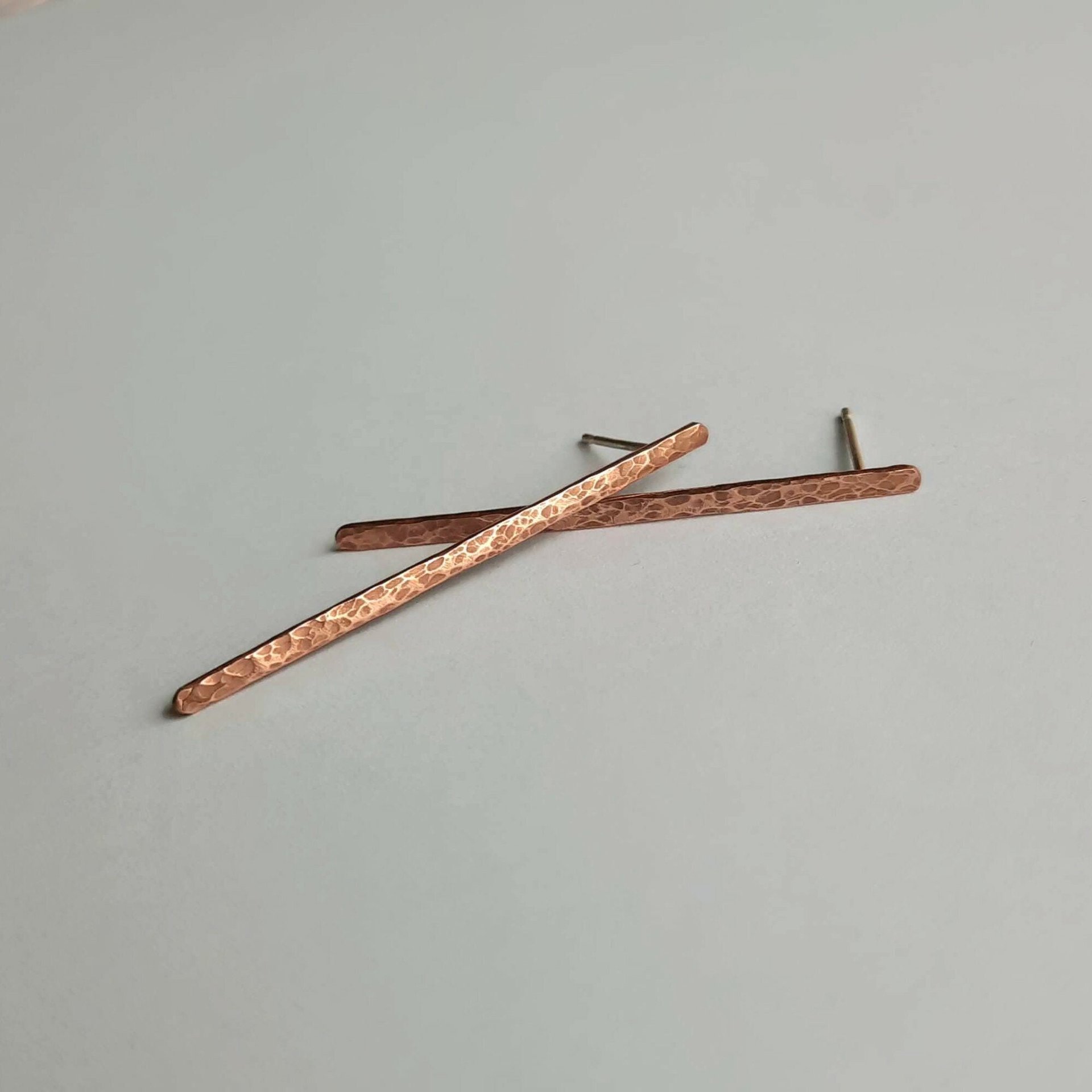 Hammered and Textured Copper and Sterling Silver Stick Earrings ~ Handmade by The Tiny Tree Frog Jewellery