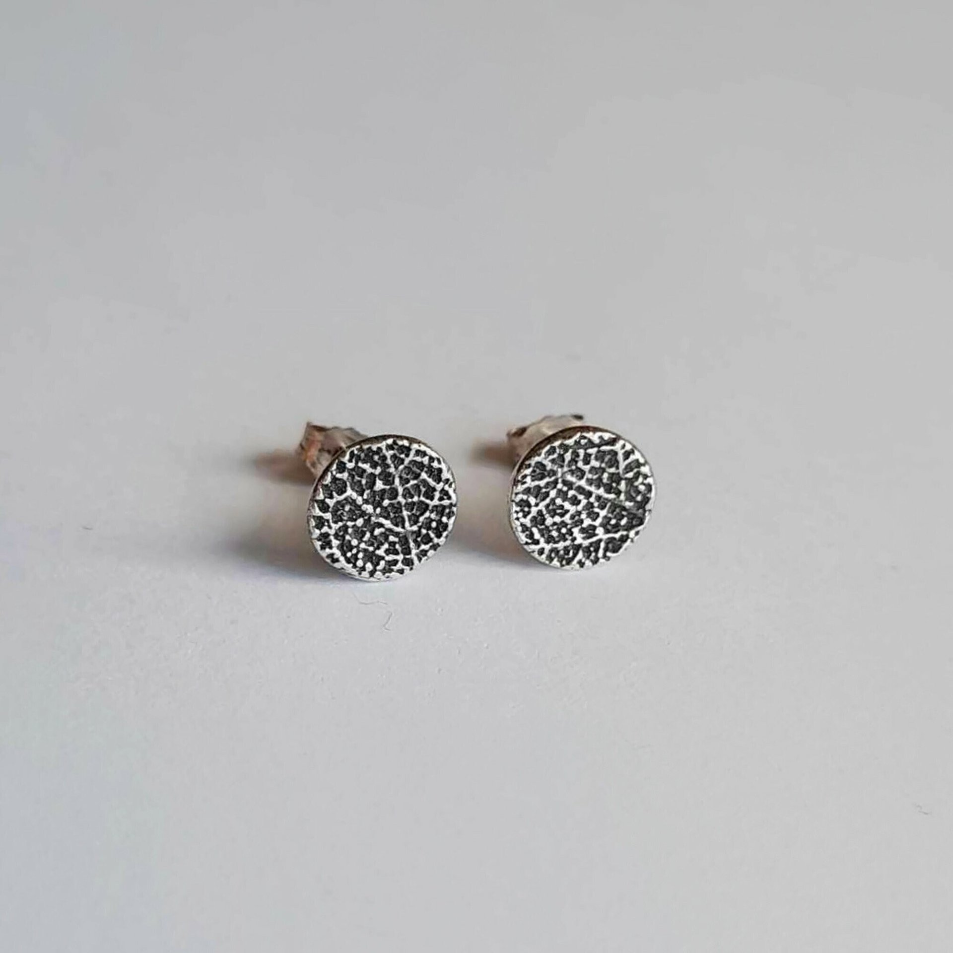 Fine Silver and Sterling Silver Disc Earrings with Sage Leaf Pattern ~ Hand Made by The Tiny Tree Frog Jewellery