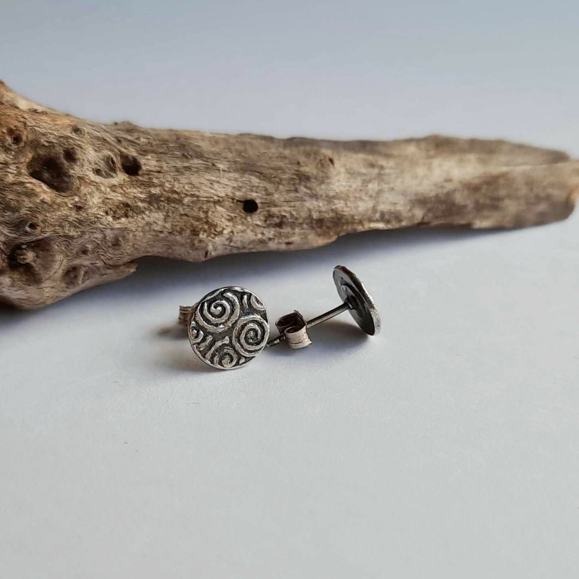 Oxidised Fine Silver and Sterling Silver Spiral Pattern Stud Earrings ~ Handmade by The Tiny Tree Frog Jewellery