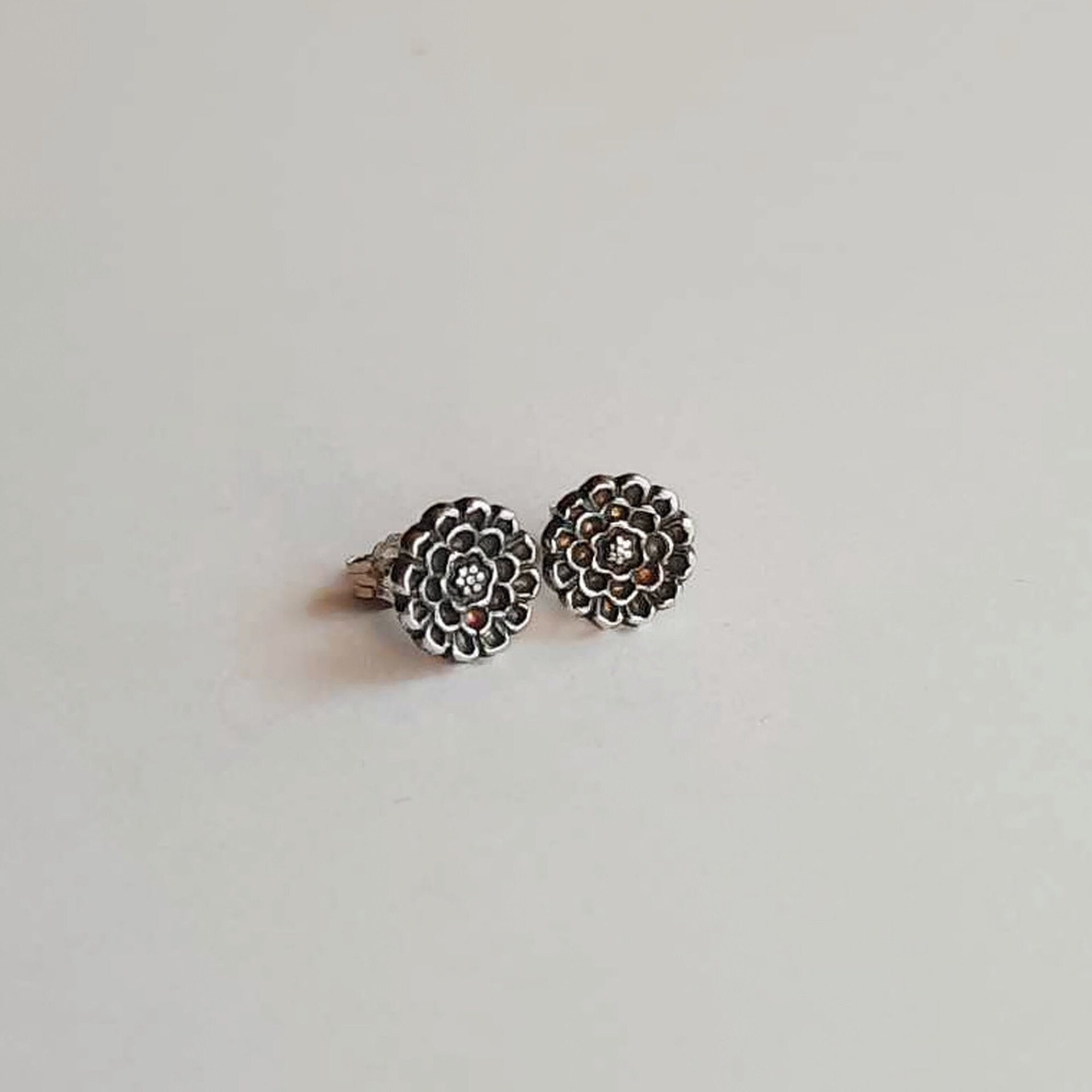 Oxidised Silver Dahlia Flower Stud Earrings - Handmade by The Tiny Tree Frog Jewellery