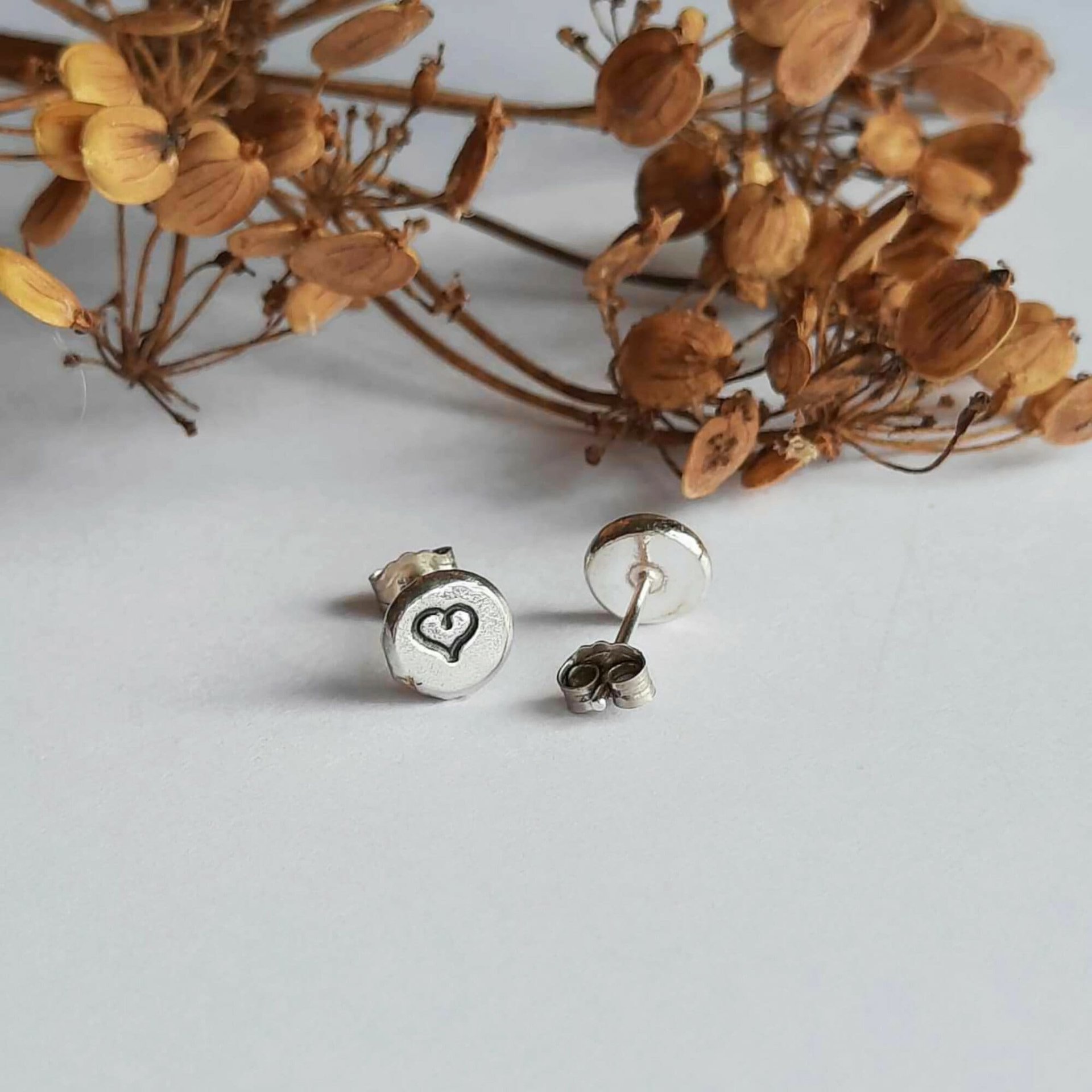 Eco friendly sterling silver love heart stud earrings, hand made by The Tiny Tree Frog Jewellery
