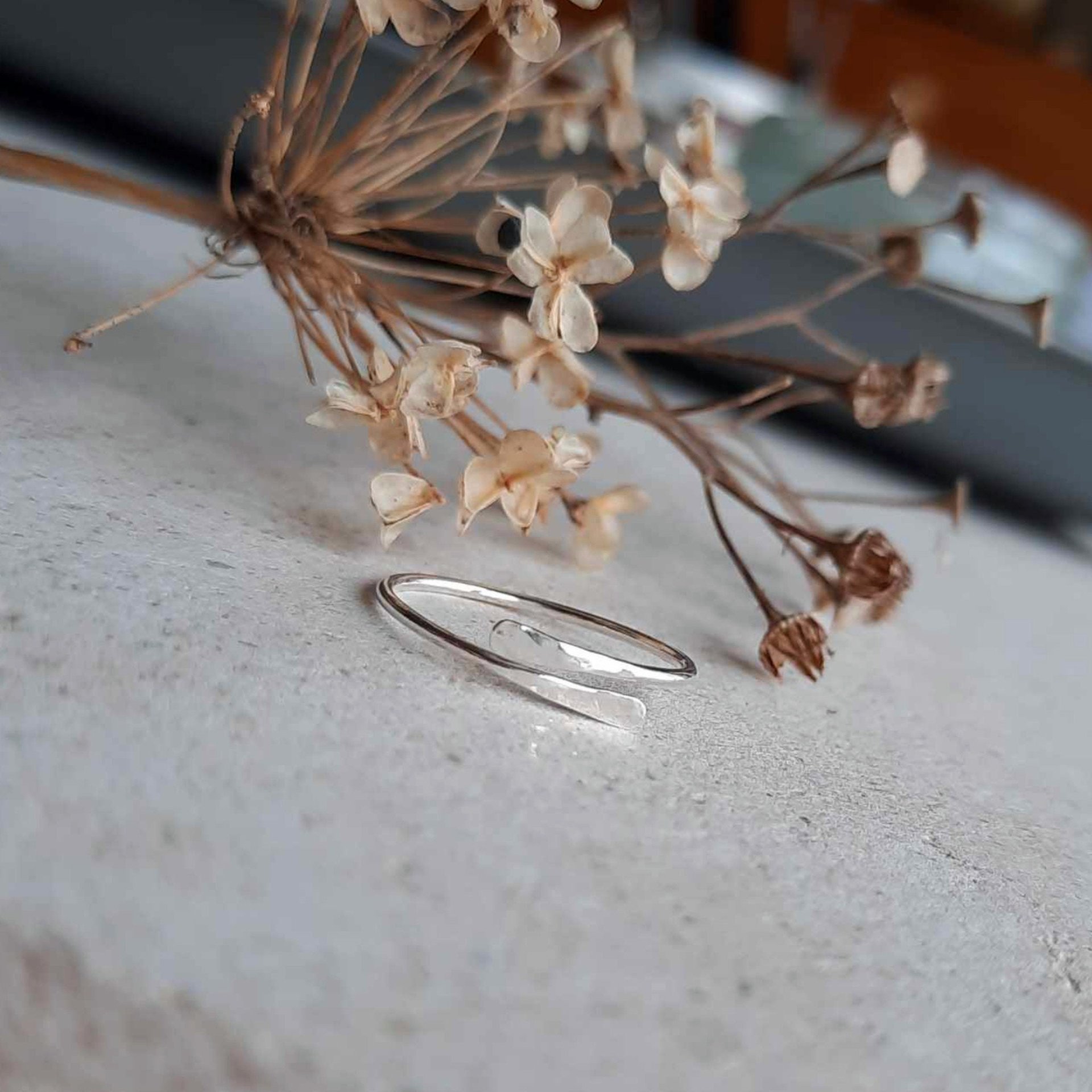 Dainty hammered sterling silver adjustable stacking ring, handcrafted by The Tiny Tree Frog Jewellery