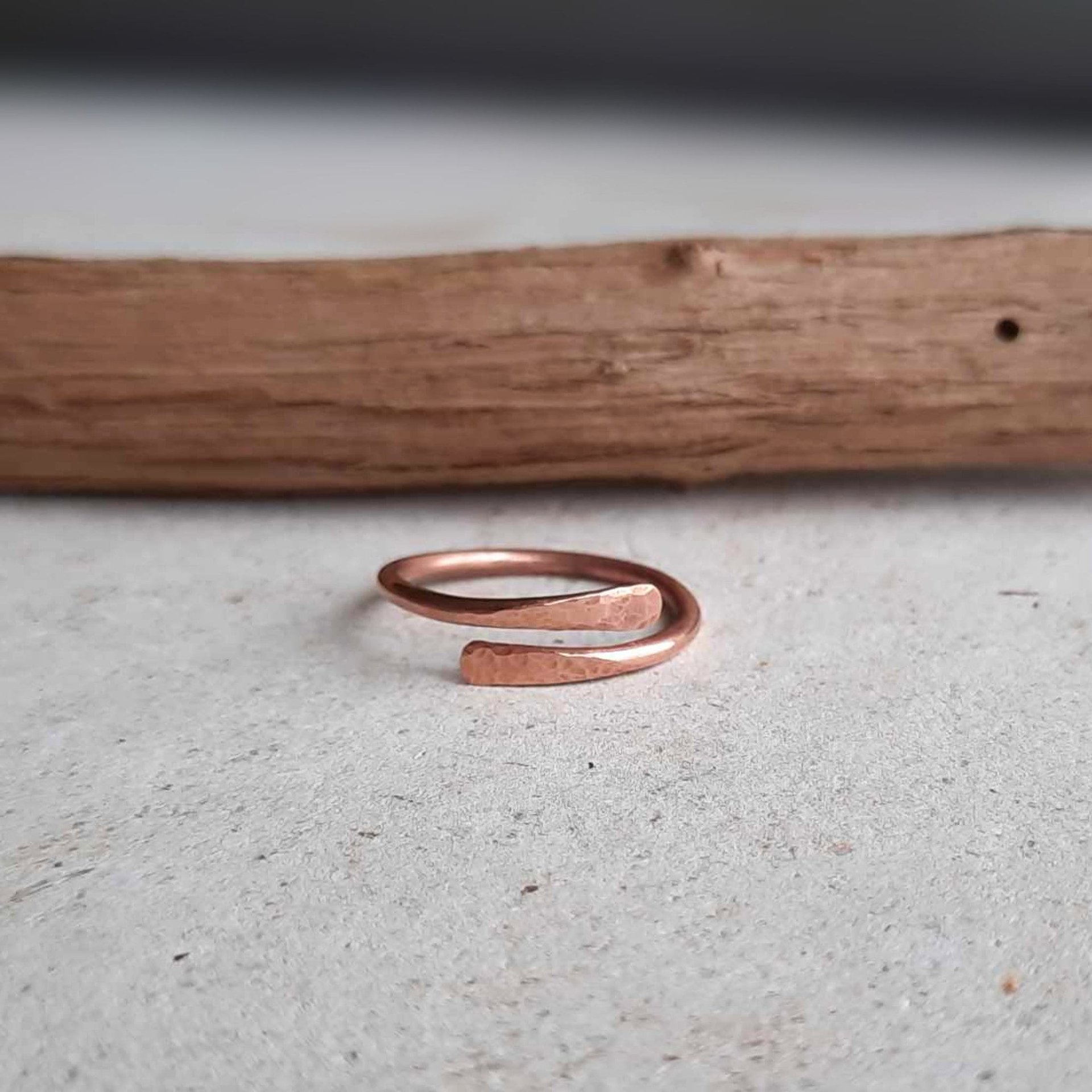 Simple adjustable hammer textured copper finger, midi or thumb ring, artisan made by The Tiny Tree Frog Jewellery