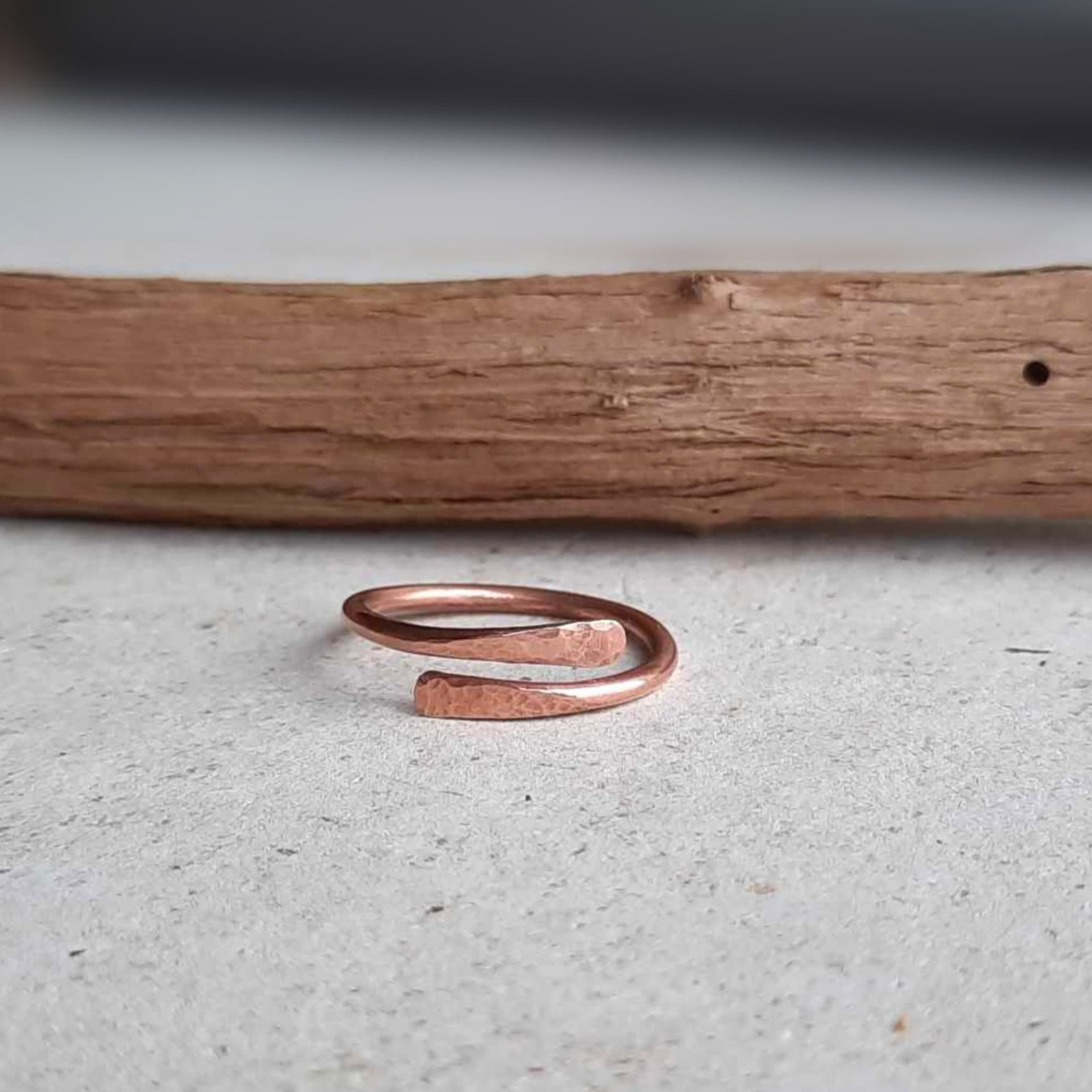 Slim hammered copper wrap ring, hand made by The Tiny Tree Frog Jewellery