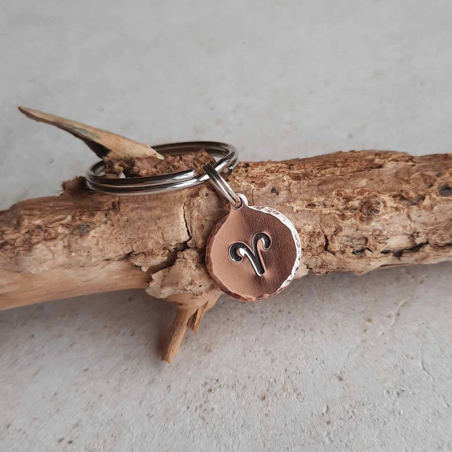 Hand stamped copper Aries zodiac sign keychain - 7th Anniversary Gift - hand crafted by The Tiny Tree Frog Jewellery