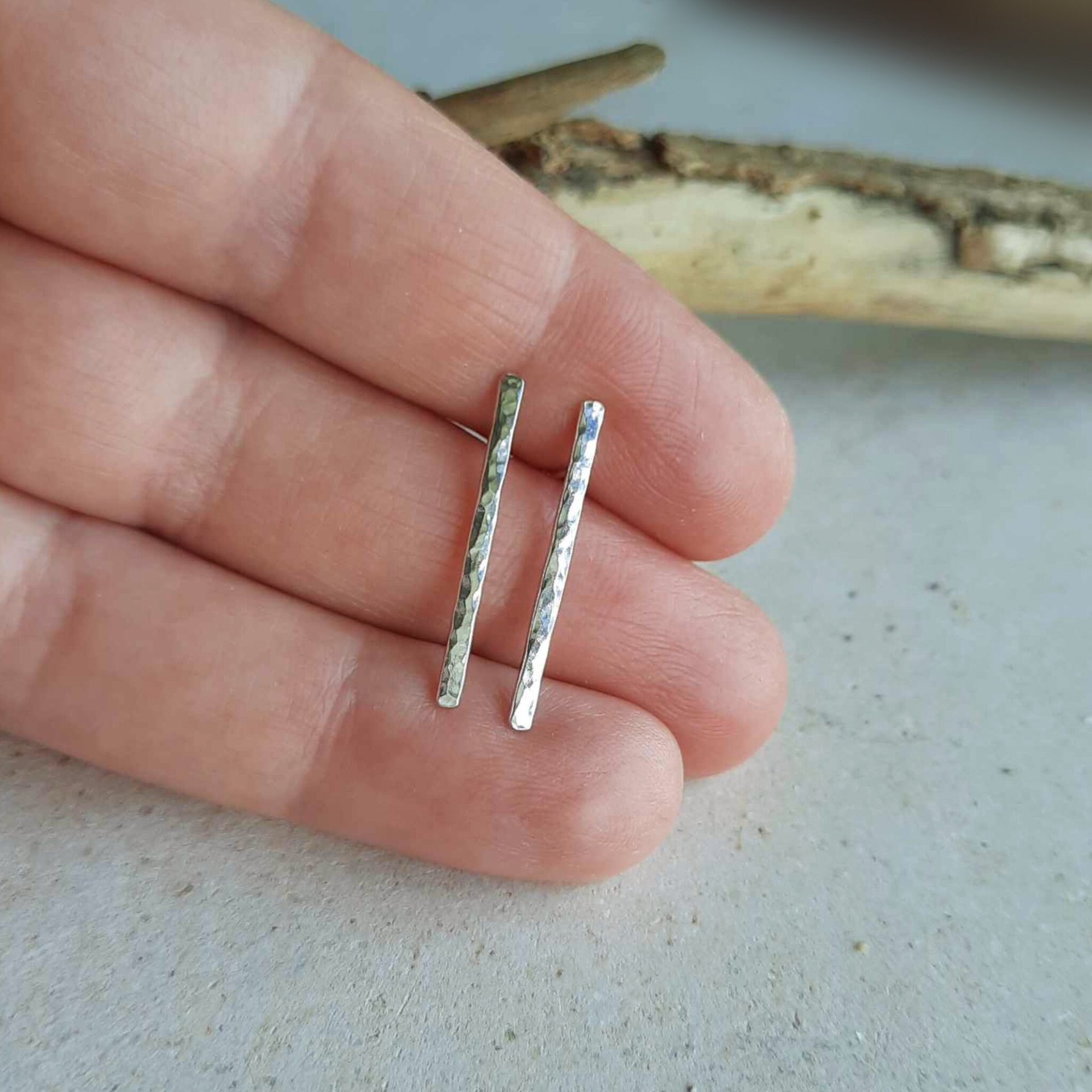 Hammer textured sterling silver long stick stud earrings, hand made by The Tiny Tree Frog Jewellery
