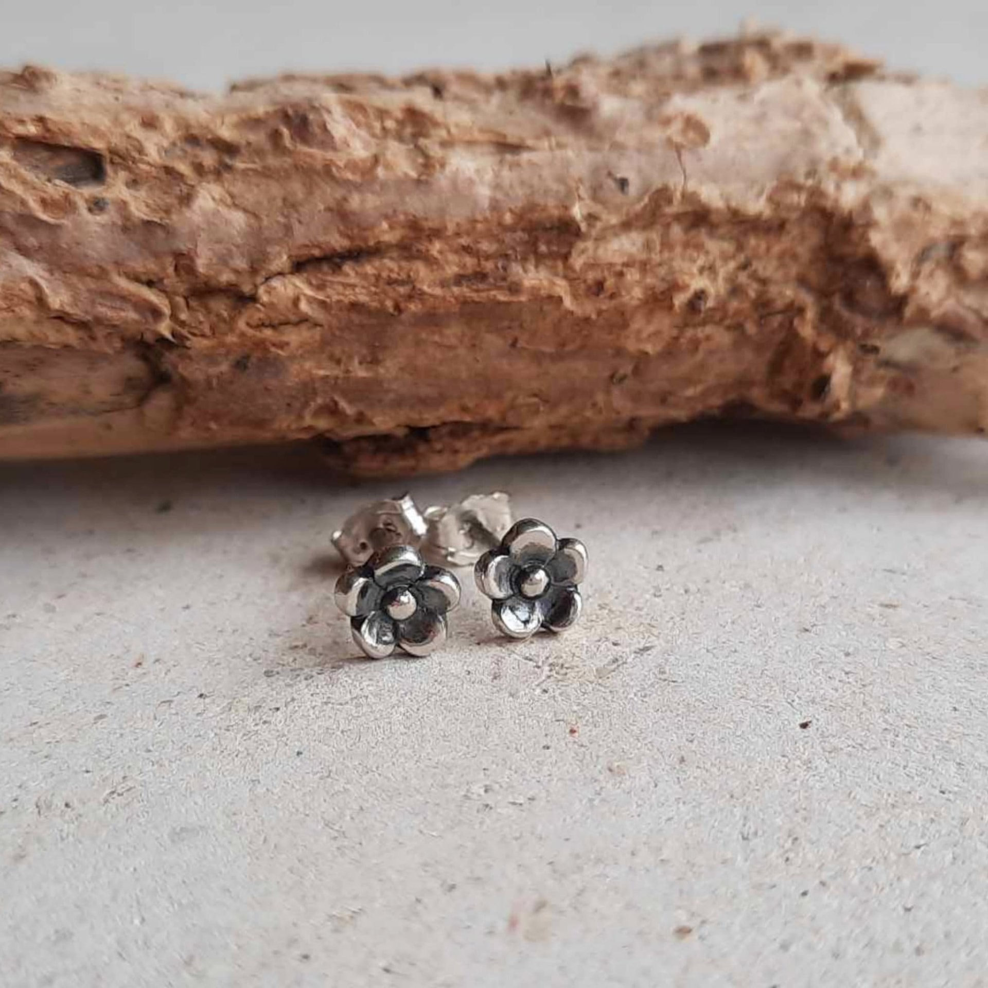 Mini fine silver forget me not stud earrings, artisan made from eco friendly precious metal clay by The Tiny Tree Frog Jewellery