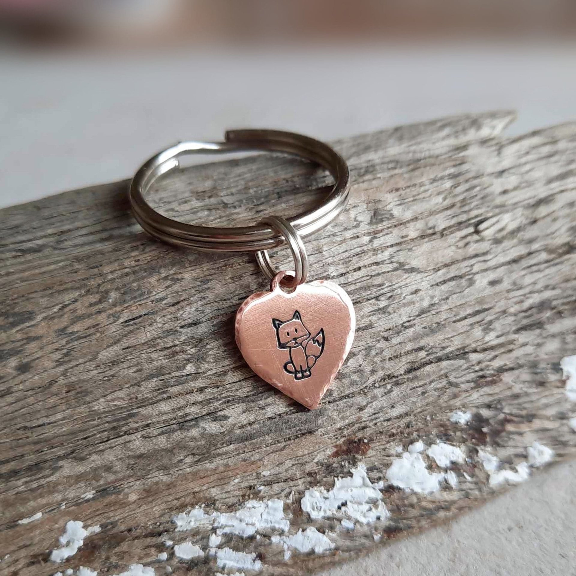 Cute hand stamped copper fox keychain - gift for fox lover - handcrafted by The Tiny Tree Frog Jewellery