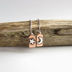 Crescent Moon and Star Copper and Sterling Silver Mismatched Drop Earrings