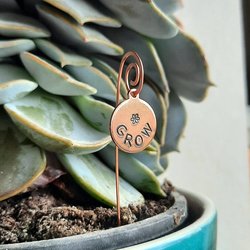 Copper "GROW" charm indoor plant pot stake, handmade by The Tiny Tree Frog Jewellery