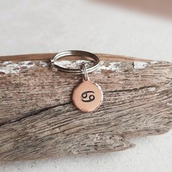 Hand stamped copper Cancer zodiac symbol key ring, handmade by The Tiny Tree Frog Jewellery
