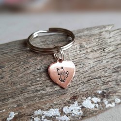 Heart shaped hand stamped copper fox keyring, handmade by The Tiny Tree Frog Jewellery