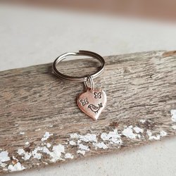 Bird and butterflies heart shaped hand stamped copper keyring, handmade by The Tiny Tree Frog Jewellery