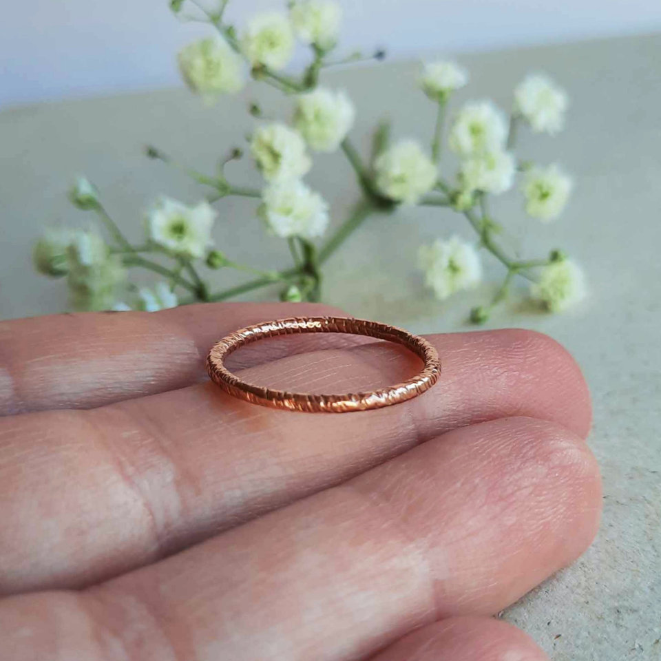 Slim band stackable copper ring, hand forged by The Tiny Tree Frog Jewellery