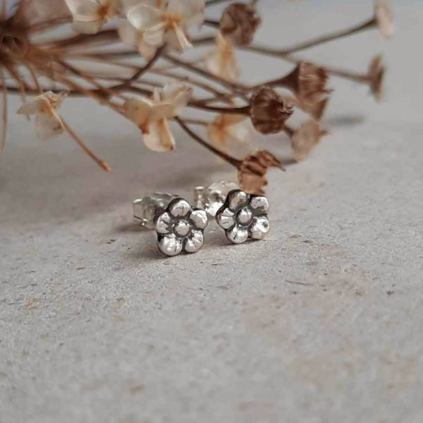 Tiny Silver Forget Me Not Flower Stud Earrings, Handcrafted by The Tiny Tree Frog Jewellery
