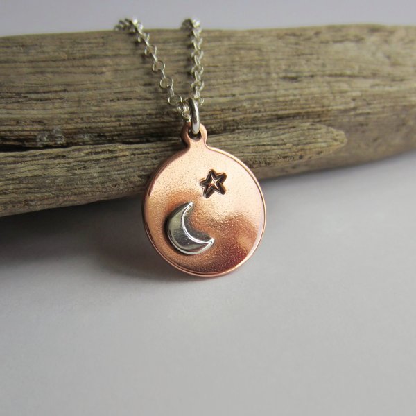 Crescent Moon and Star Copper Necklace ~ Handmade by The Tiny Tree Frog Jewellery
