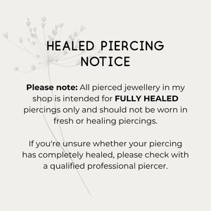Infographic advising that pierced jewellery is intended for fully healed piercings only, not fresh or healing piercings, with guidance to consult a professional piercer if unsure