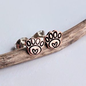 Copper paw print stud earrings, handmade from copper with a heart detail