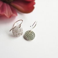 Spiral Patterned Disc Drop Earrings ~ Fine Silver and Sterling Silver ~ Handmade by The Tiny Tree Frog Jewellery
